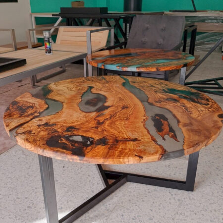 Table design rivière bois d'olivier piéd metal 900x30mm TBC-9008