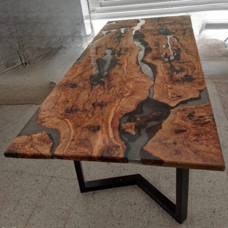 Table design rivière bois d'olivier piéd metal 1200x900x40mm