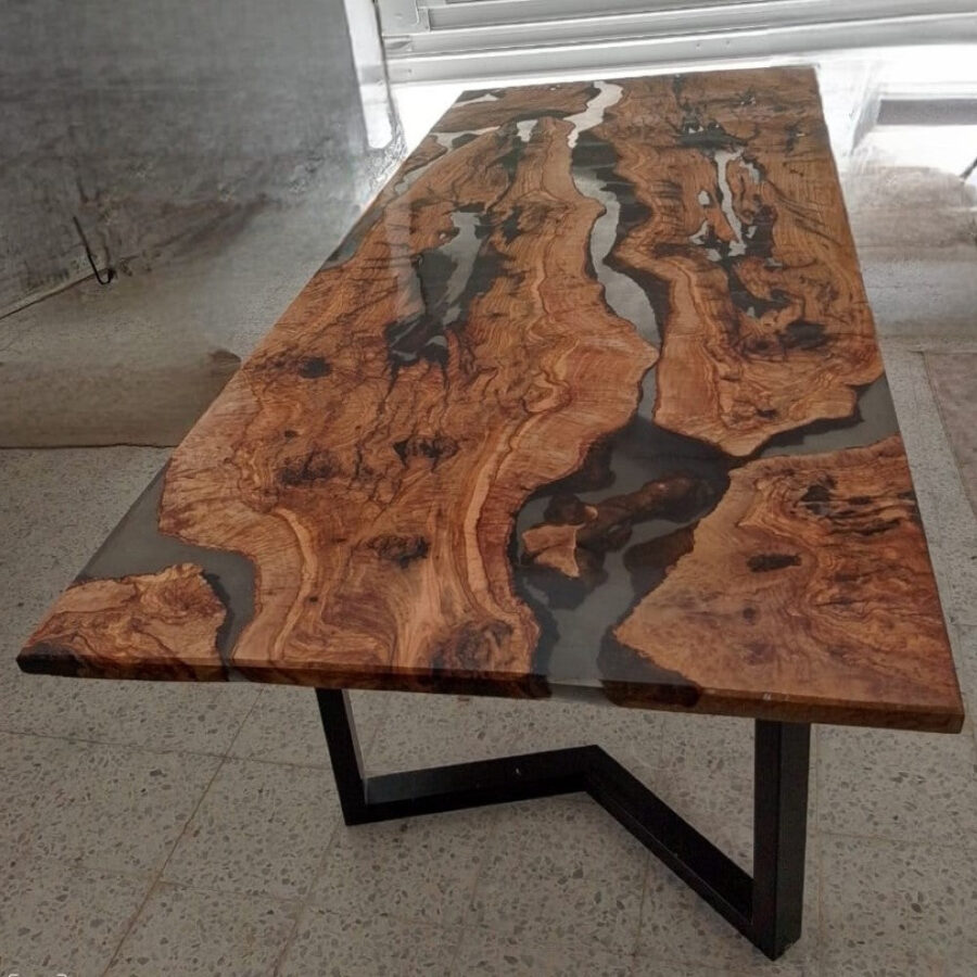 Table design rivière bois d'olivier piéd metal 2200x900x30mm TBO220903
