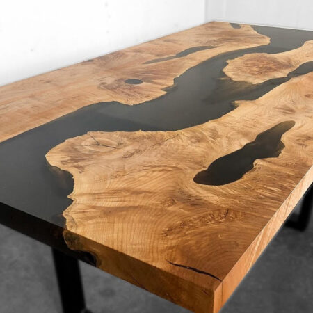 Table design rivière bois d'olivier piéd metal 2000x900x30mm