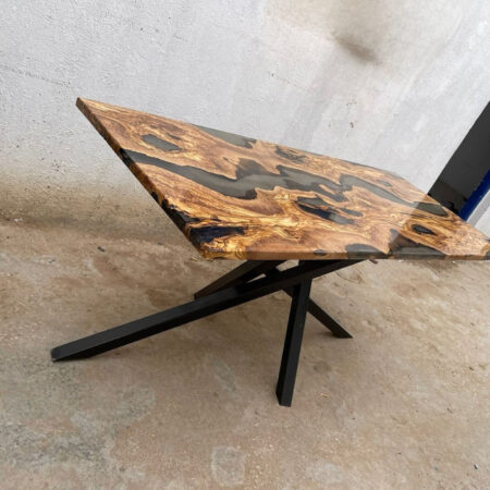 Table design rivière bois d'olivier piéd metal 1400x900x30mm