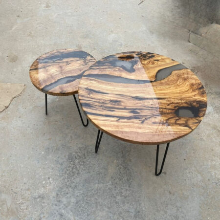 Table design rivière bois d'olivier piéd metal 600x30mm